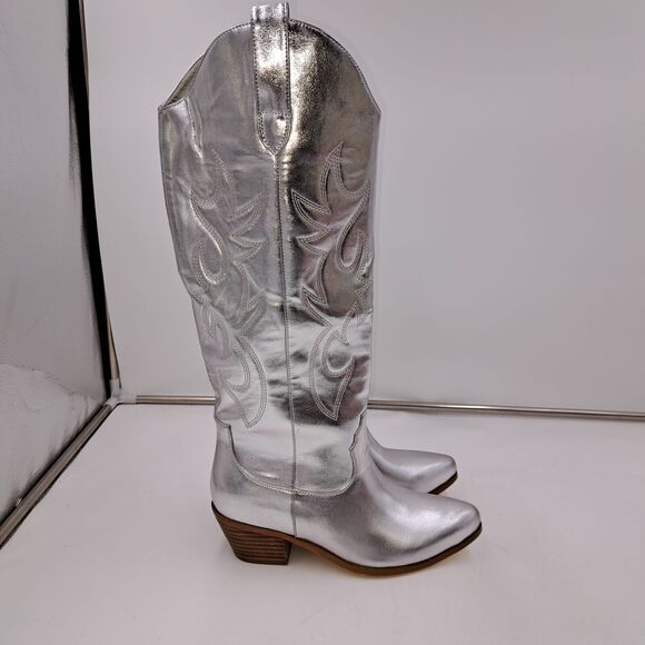 Oeupiano Knee High Cowboy Rodeo Party Silver Boots Size 6 - Picture 2 of 5